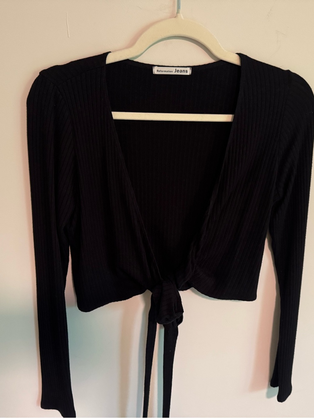 Reformation Jeans Black Ribbed Wrap Crop Top | Long Sleeve | Tie Front | Size M